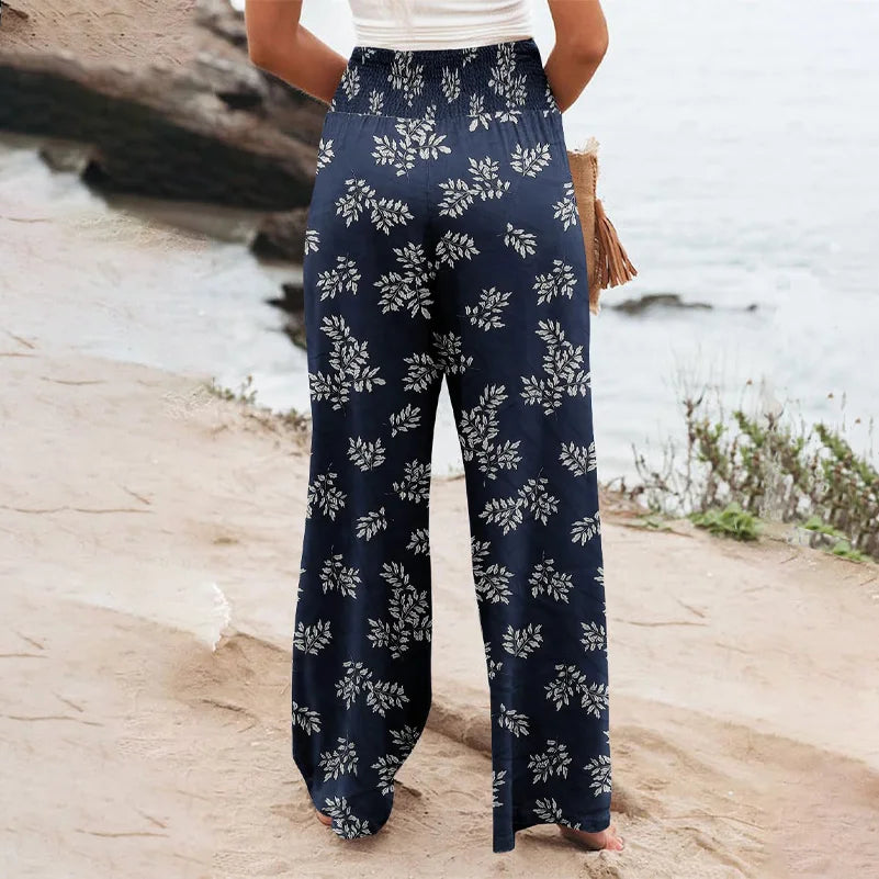 , flower printed beach wide leg pants,