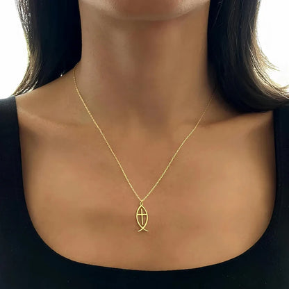 14K Gold Plated Jesus Fish Cross Necklace Stainless Steel