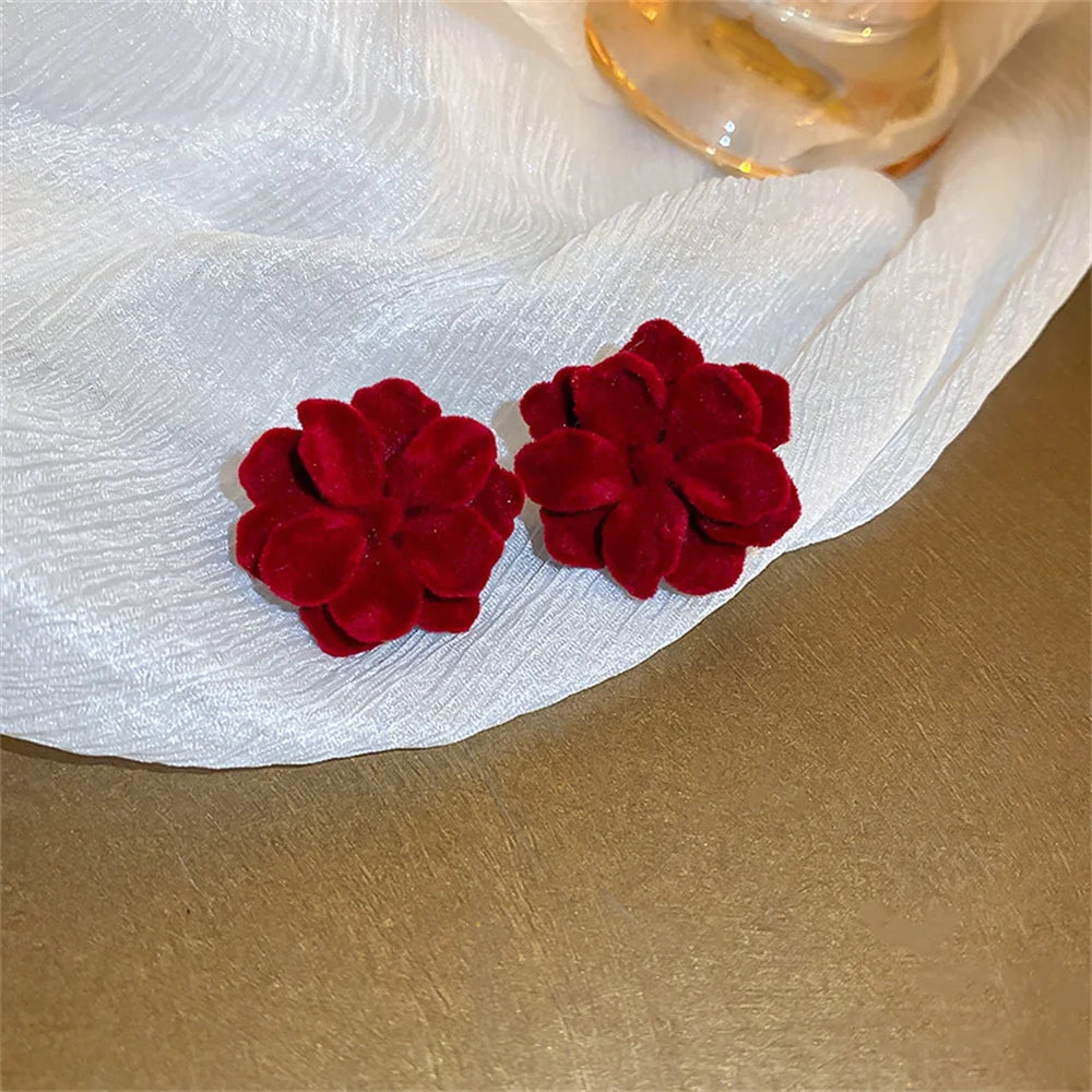 Simple Cute Wine Red Velvet Rose Flower Stud Earrings