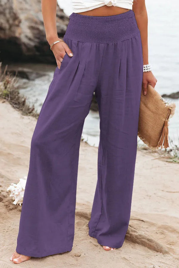 Women's casual pants with drawstring, mid waist, beach wide leg, spring and summer, European and American pants