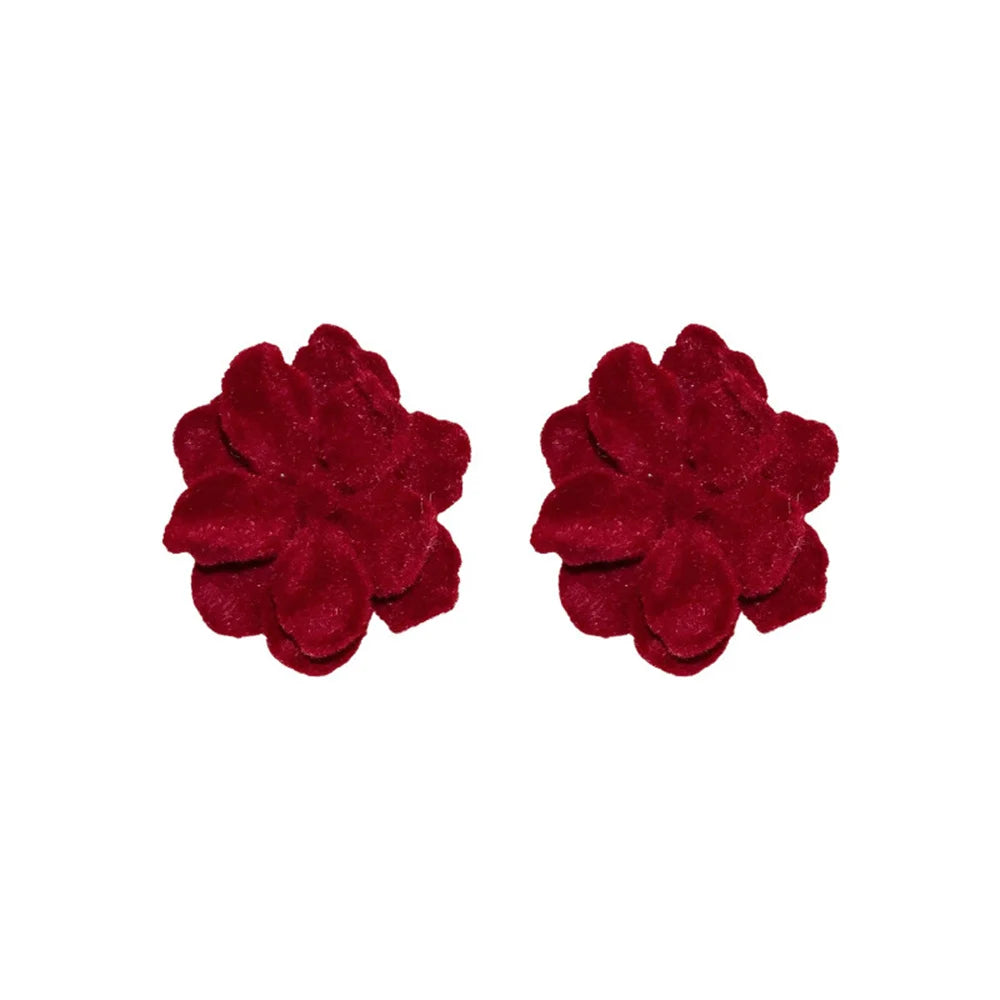 Simple Cute Wine Red Velvet Rose Flower Stud Earrings