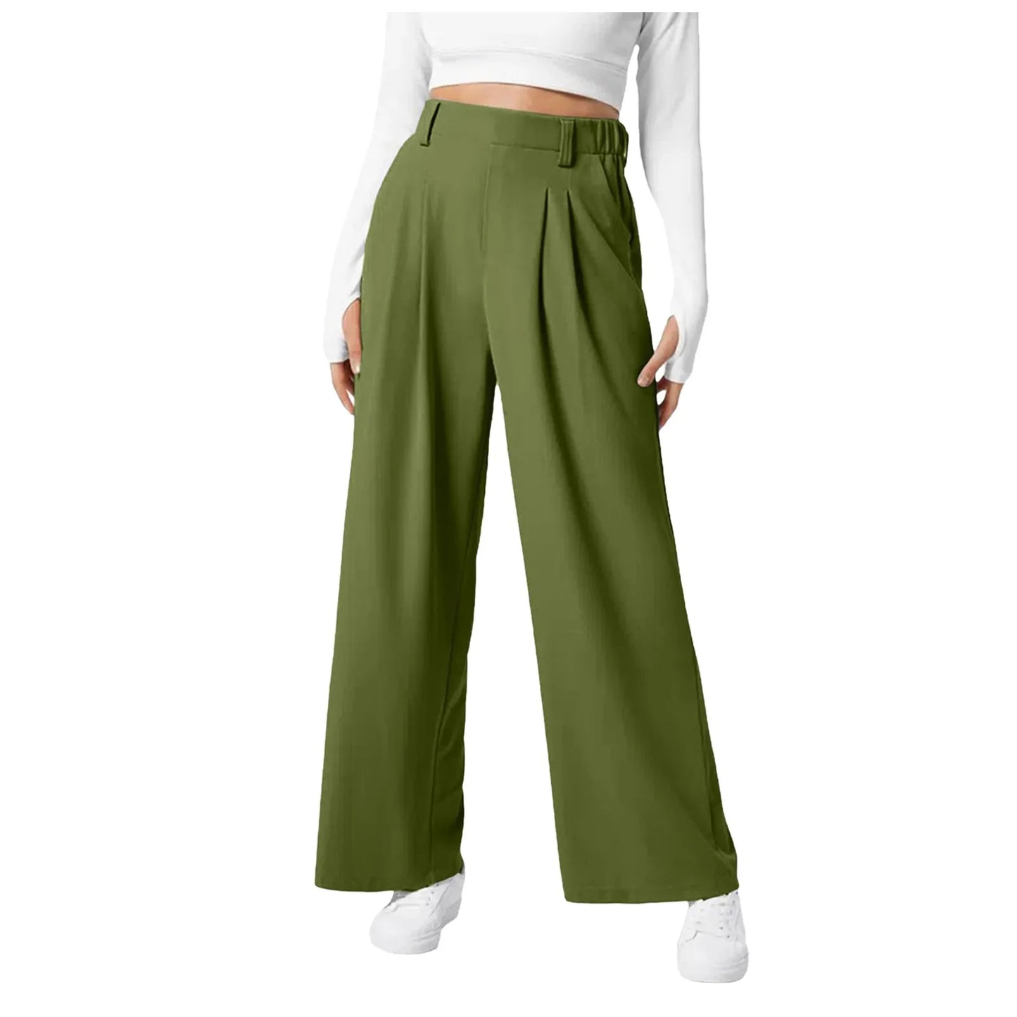 Women Suits Pants High Waist Draped Solid Color Wide Leg
