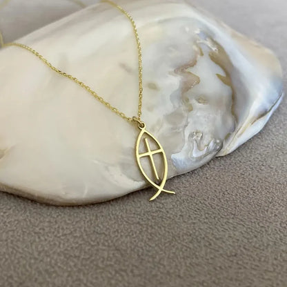 14K Gold Plated Jesus Fish Cross Necklace Stainless Steel