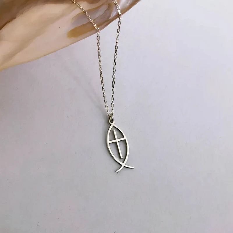 14K Gold Plated Jesus Fish Cross Necklace Stainless Steel