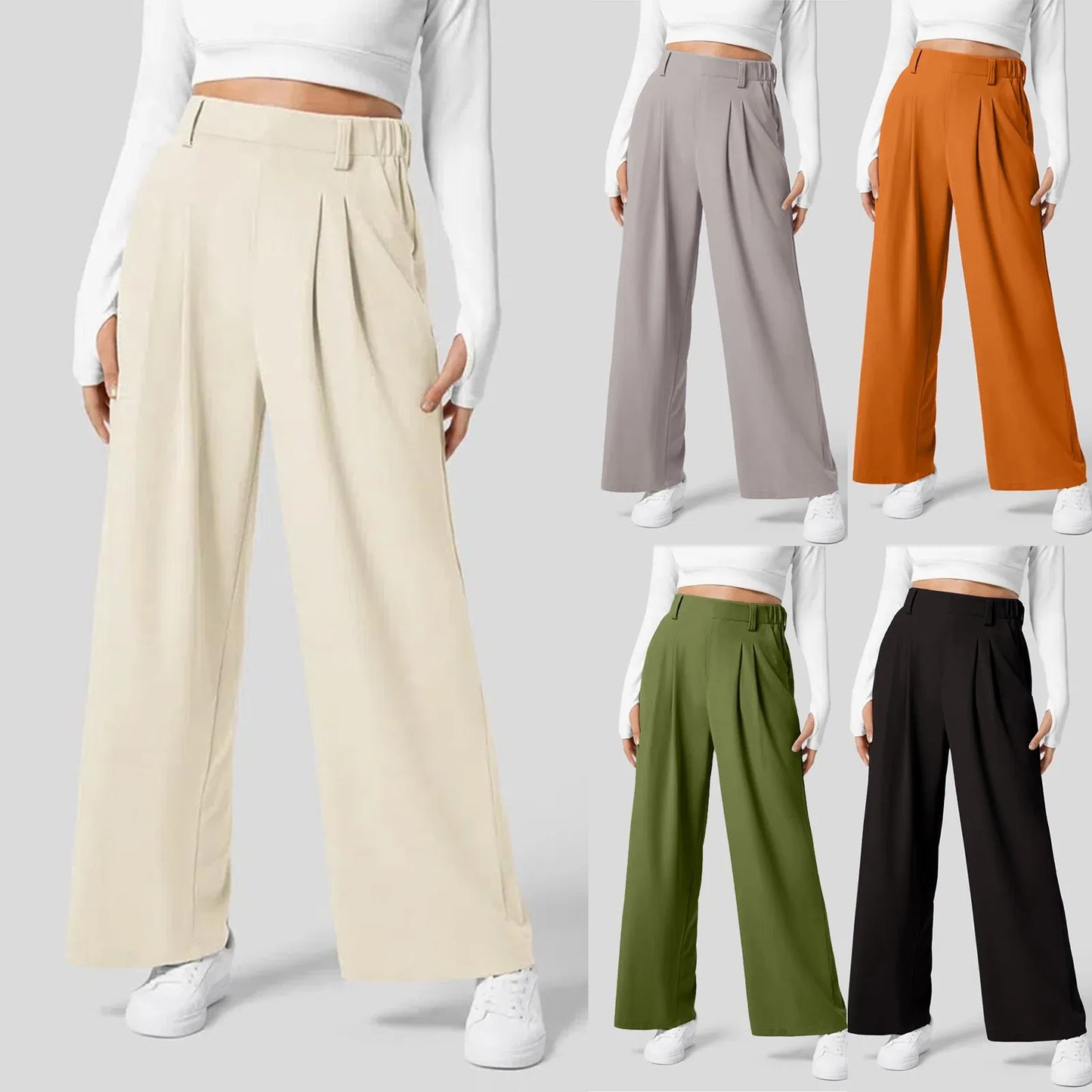 Women Suits Pants High Waist Draped Solid Color Wide Leg