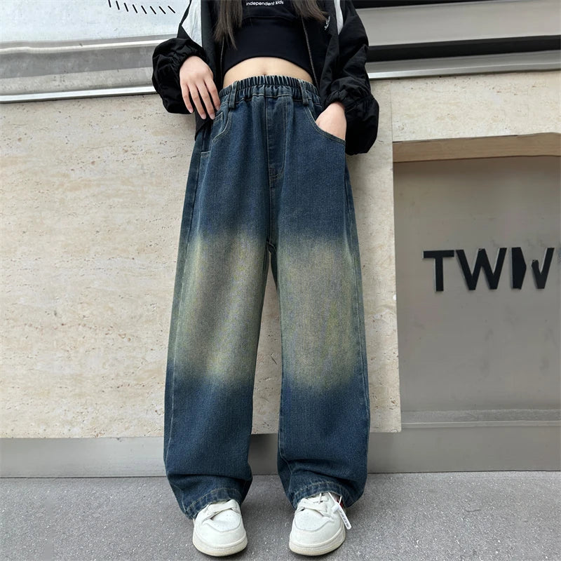 Girls V-shaped embroidered straight wide-leg pants