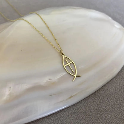 14K Gold Plated Jesus Fish Cross Necklace Stainless Steel
