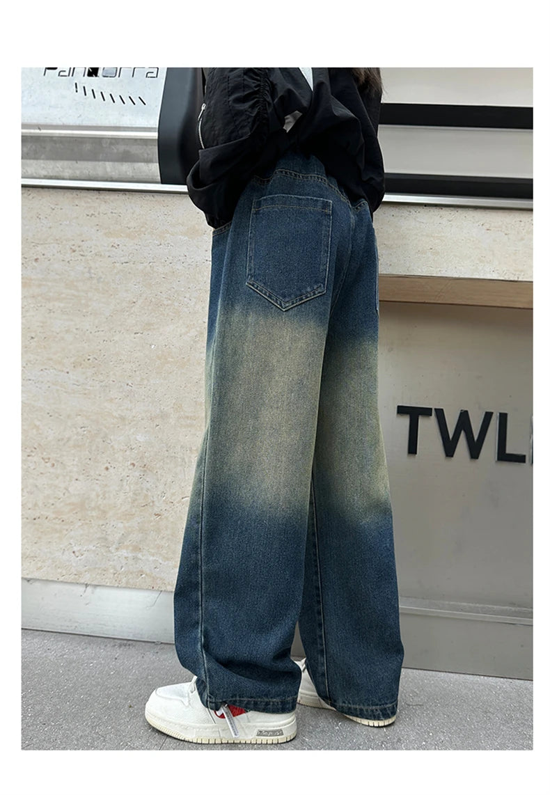 Girls V-shaped embroidered straight wide-leg pants