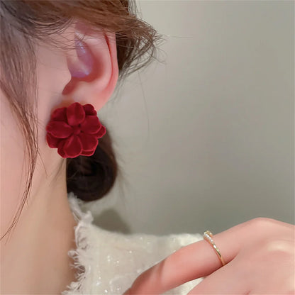Simple Cute Wine Red Velvet Rose Flower Stud Earrings