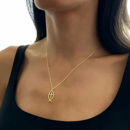 14K Gold Plated Jesus Fish Cross Necklace Stainless Steel