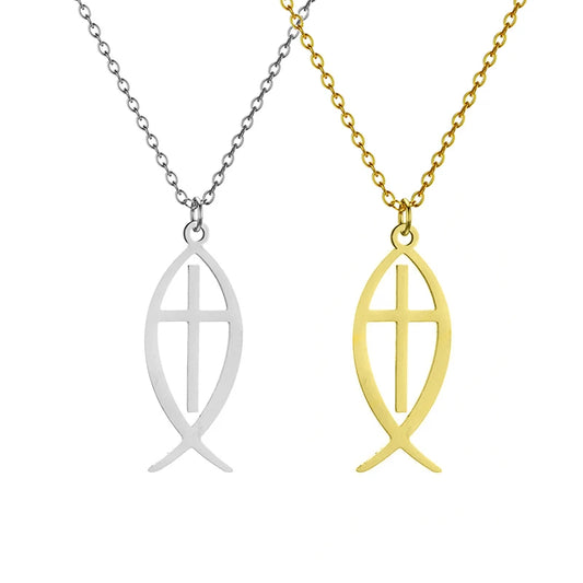 14K Gold Plated Jesus Fish Cross Necklace Stainless Steel