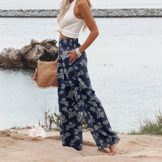 , flower printed beach wide leg pants,