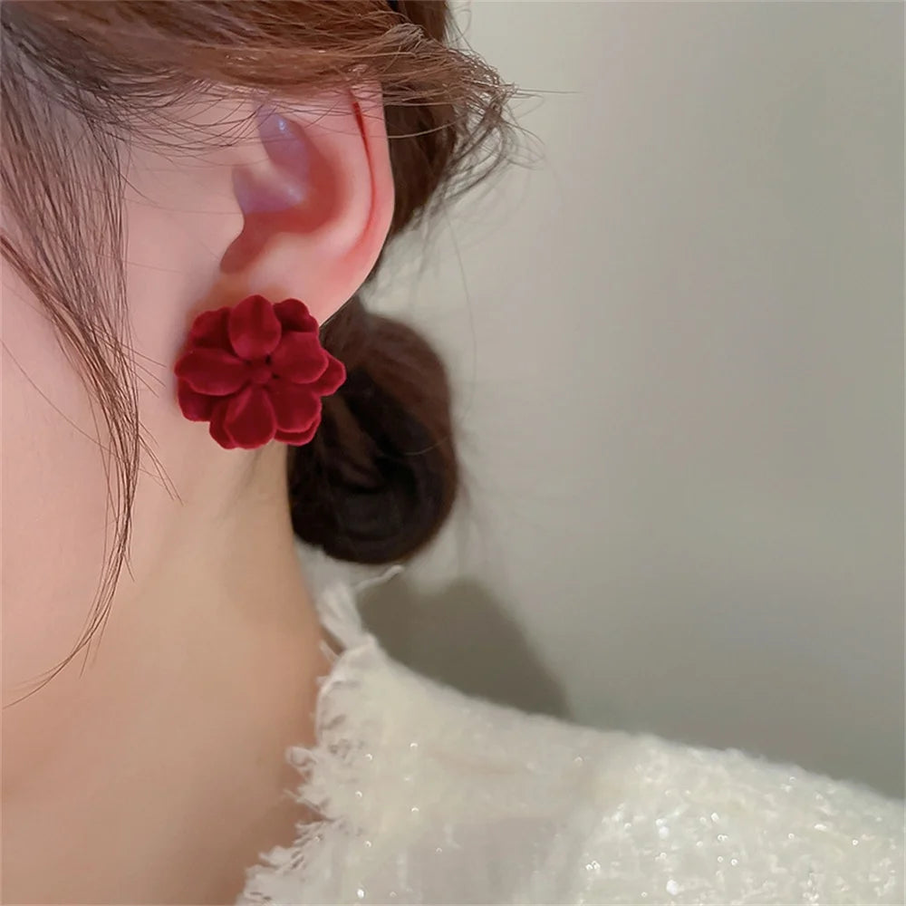 Simple Cute Wine Red Velvet Rose Flower Stud Earrings