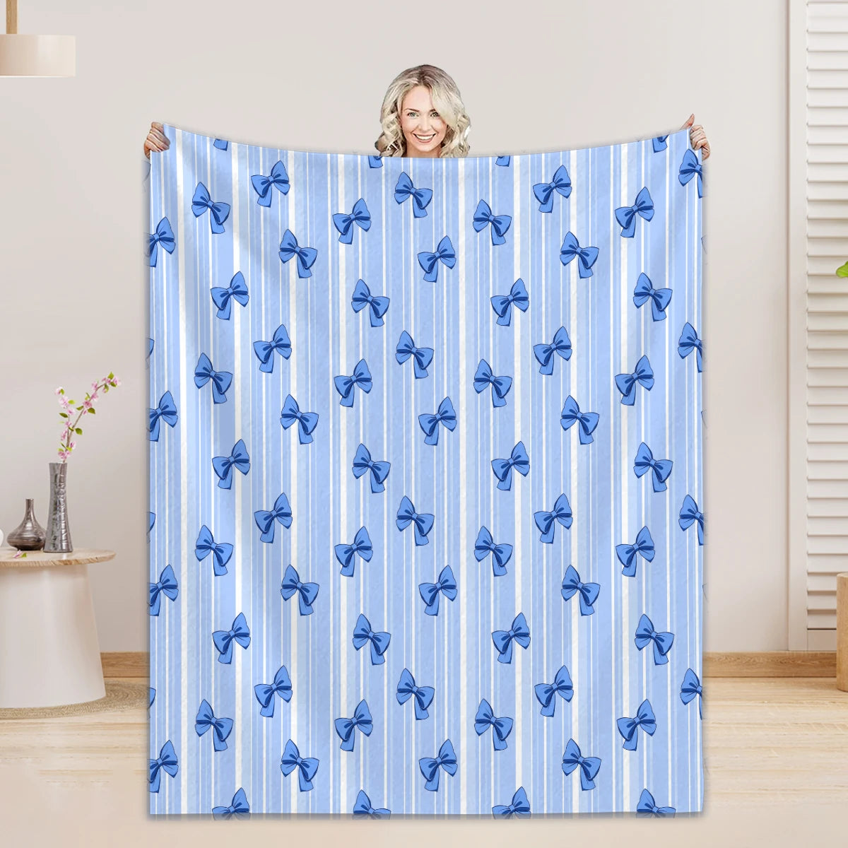 1PC Throw Blanket Blue Bow 3D