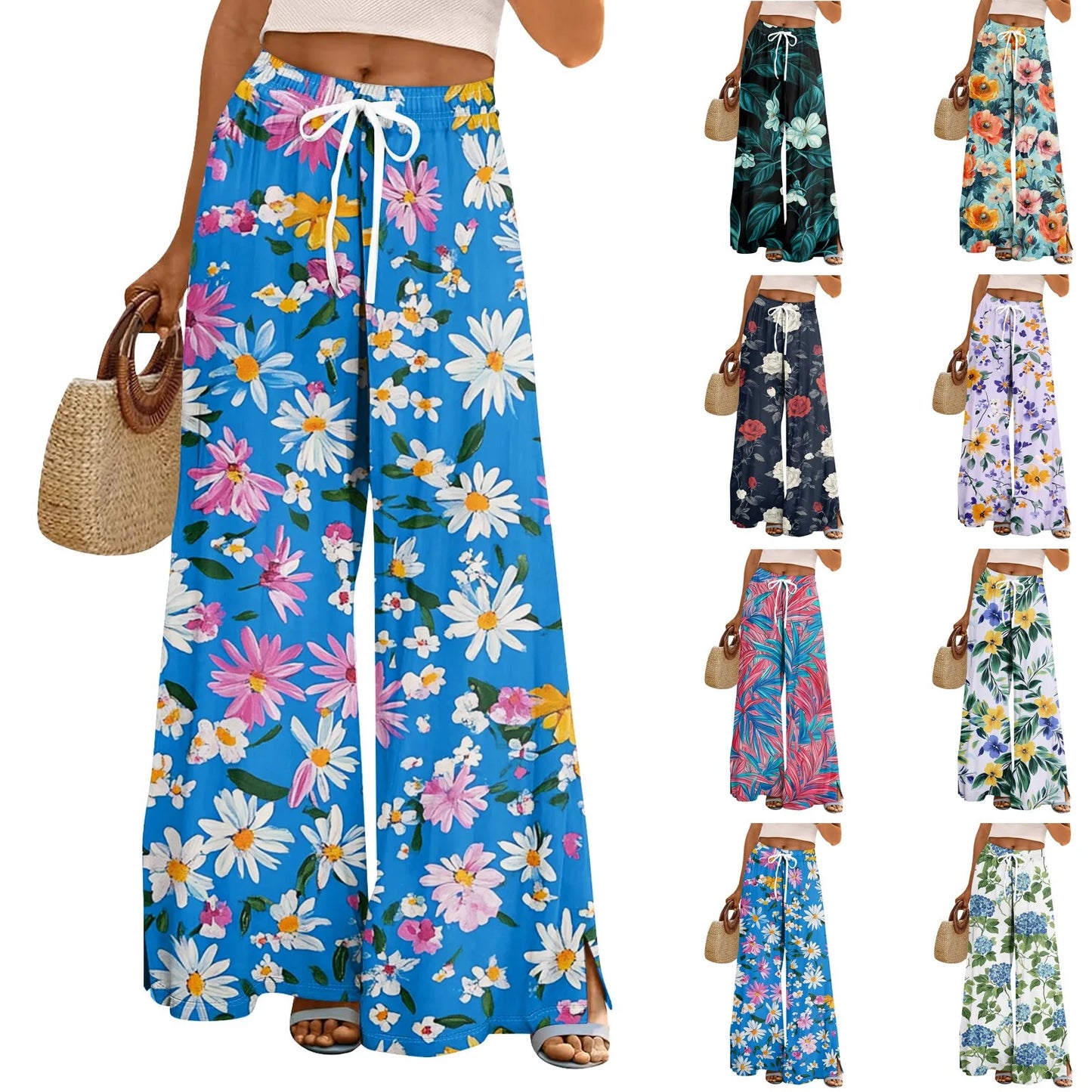 floral print loose wide-leg pants with elastic waist