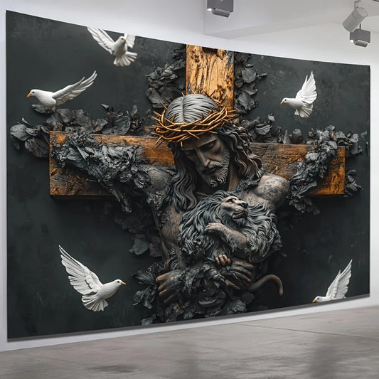 Jesus with Lion Tapestry, Religious Cross