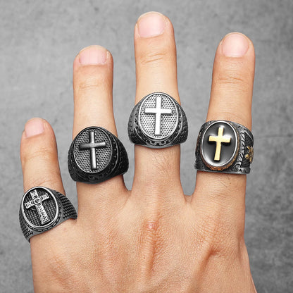 Christian Cross Black Religon Men Rings Stainless Steel