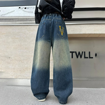 Girls V-shaped embroidered straight wide-leg pants