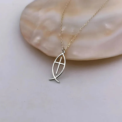 14K Gold Plated Jesus Fish Cross Necklace Stainless Steel