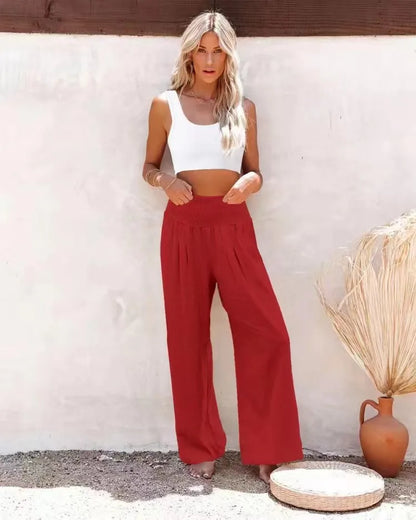 Women's casual pants with drawstring, mid waist, beach wide leg, spring and summer, European and American pants