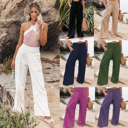 Women's casual pants with drawstring, mid waist, beach wide leg, spring and summer, European and American pants