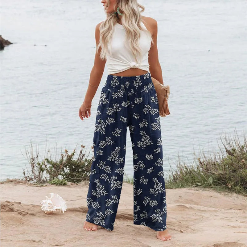 , flower printed beach wide leg pants,