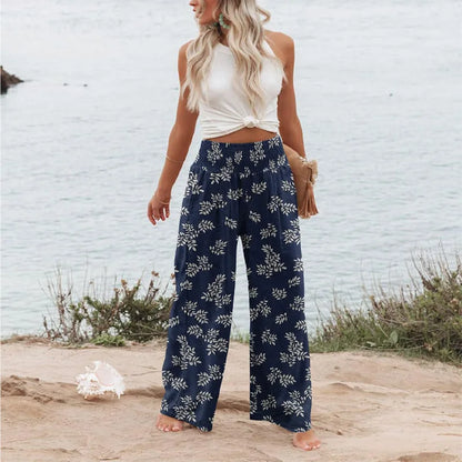 , flower printed beach wide leg pants,