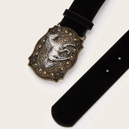 A leisurely leather belt with a horse-head buckle