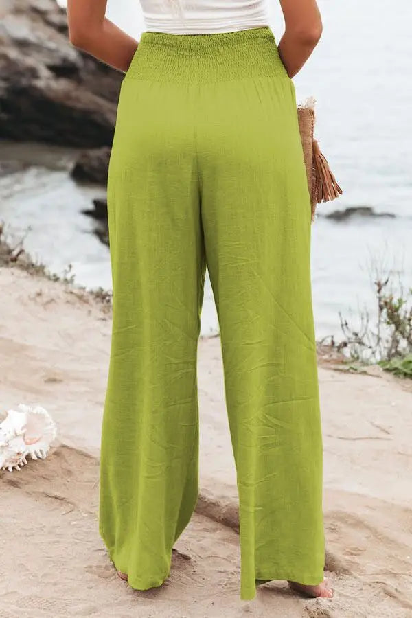 Women's casual pants with drawstring, mid waist, beach wide leg, spring and summer, European and American pants