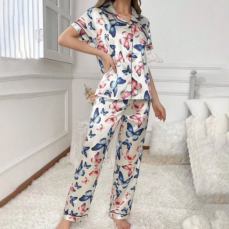 Women's Butterfly Print Satin Elegant Pajama Set
