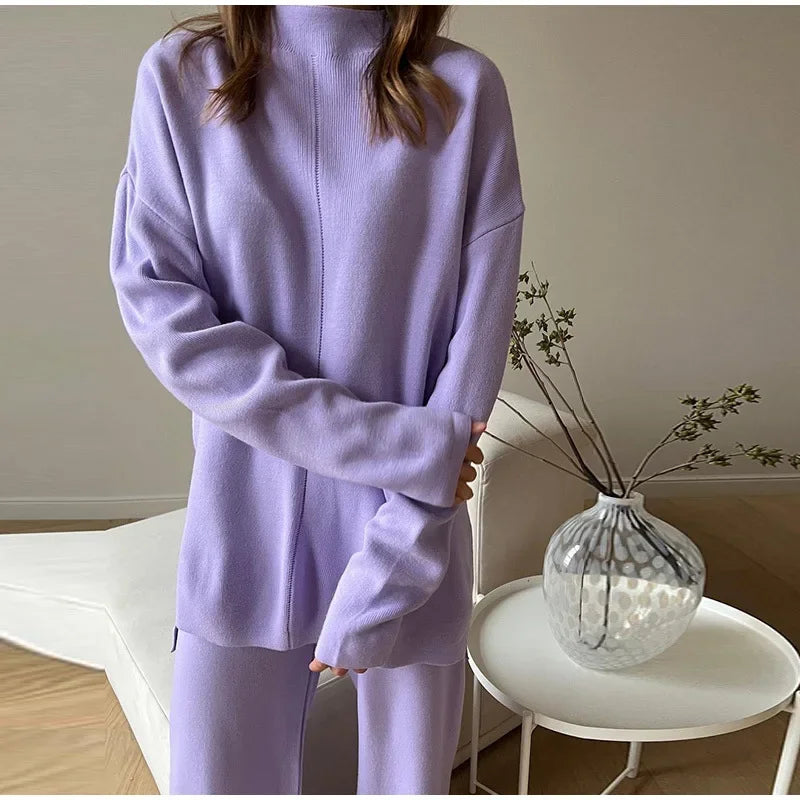 Split Turtleneck Women  sweater and Wide Leg Pants