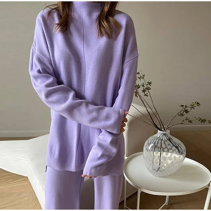 Split Turtleneck Women  sweater and Wide Leg Pants