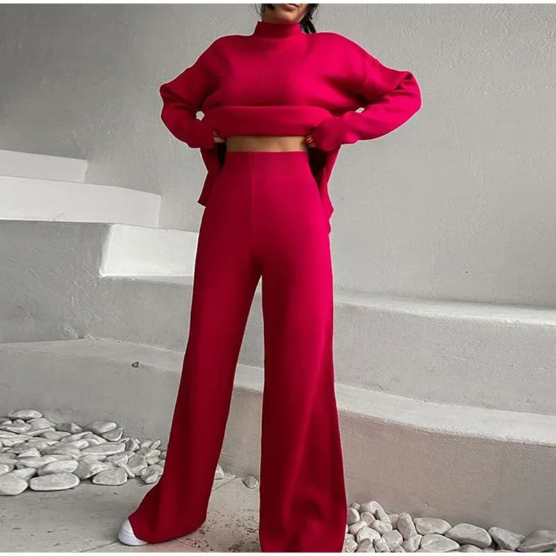 Split Turtleneck Women  sweater and Wide Leg Pants