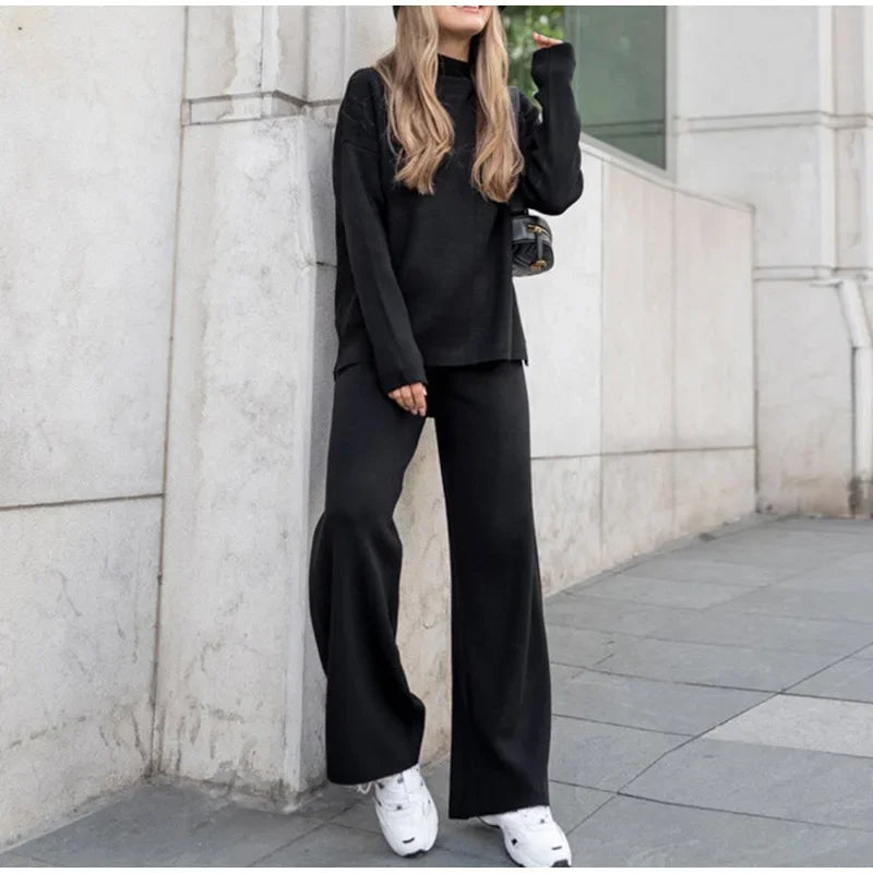 Split Turtleneck Women  sweater and Wide Leg Pants