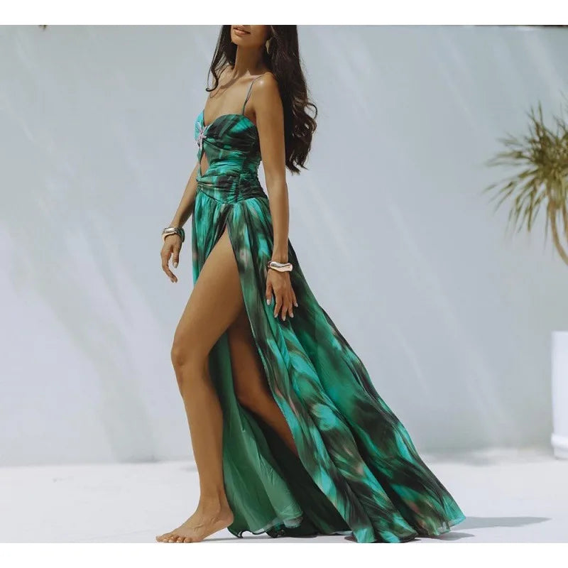 Swimwear with Sarong  Green Print 2 Piece