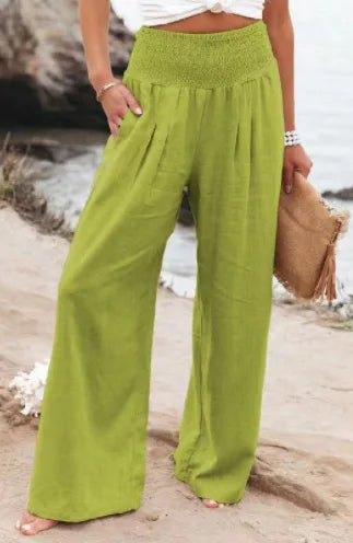 Women's casual pants with drawstring, mid waist, beach wide leg, spring and summer, European and American pants