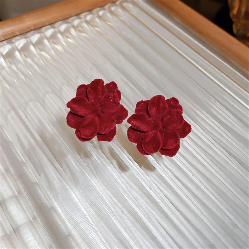 Simple Cute Wine Red Velvet Rose Flower Stud Earrings