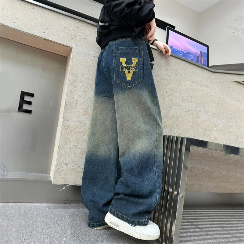 Girls V-shaped embroidered straight wide-leg pants