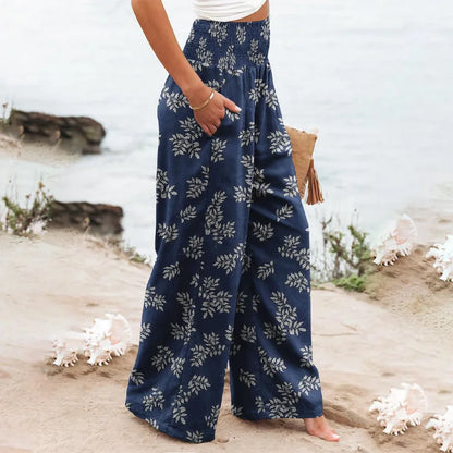 , flower printed beach wide leg pants,