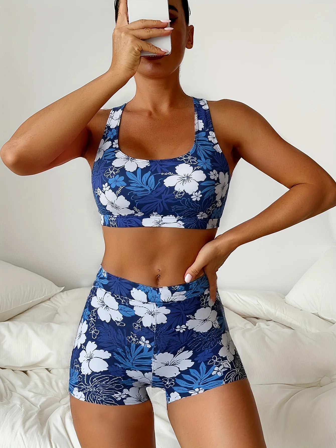Floral Print Swimwear With Shorts High Waisted Trunk