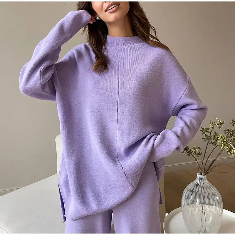 Split Turtleneck Women  sweater and Wide Leg Pants