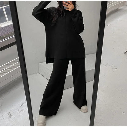 Split Turtleneck Women  sweater and Wide Leg Pants