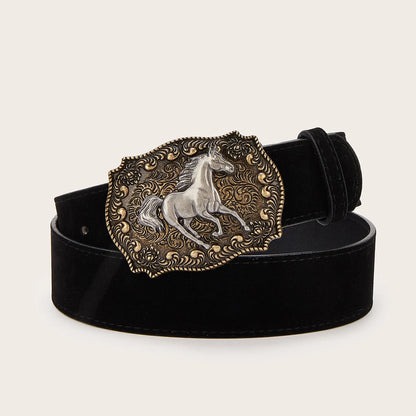 A leisurely leather belt with a horse-head buckle